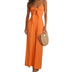 The Free Yoga Orange Crinkle Fabric Tie Front Jumpsuit M